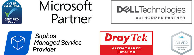 Cyber Essentials, Microsoft Partner, Dell Technologies, Sophos Managed Service Provider, Draytek Authorised Dealer, Datto Silver Partner