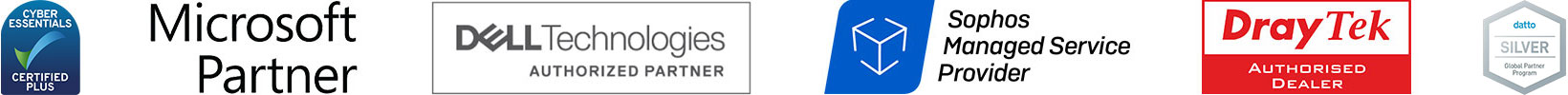 Cyber Essentials, Microsoft Partner, Dell Technologies, Sophos Managed Service Provider, Draytek Authorised Dealer, Datto Silver Partner